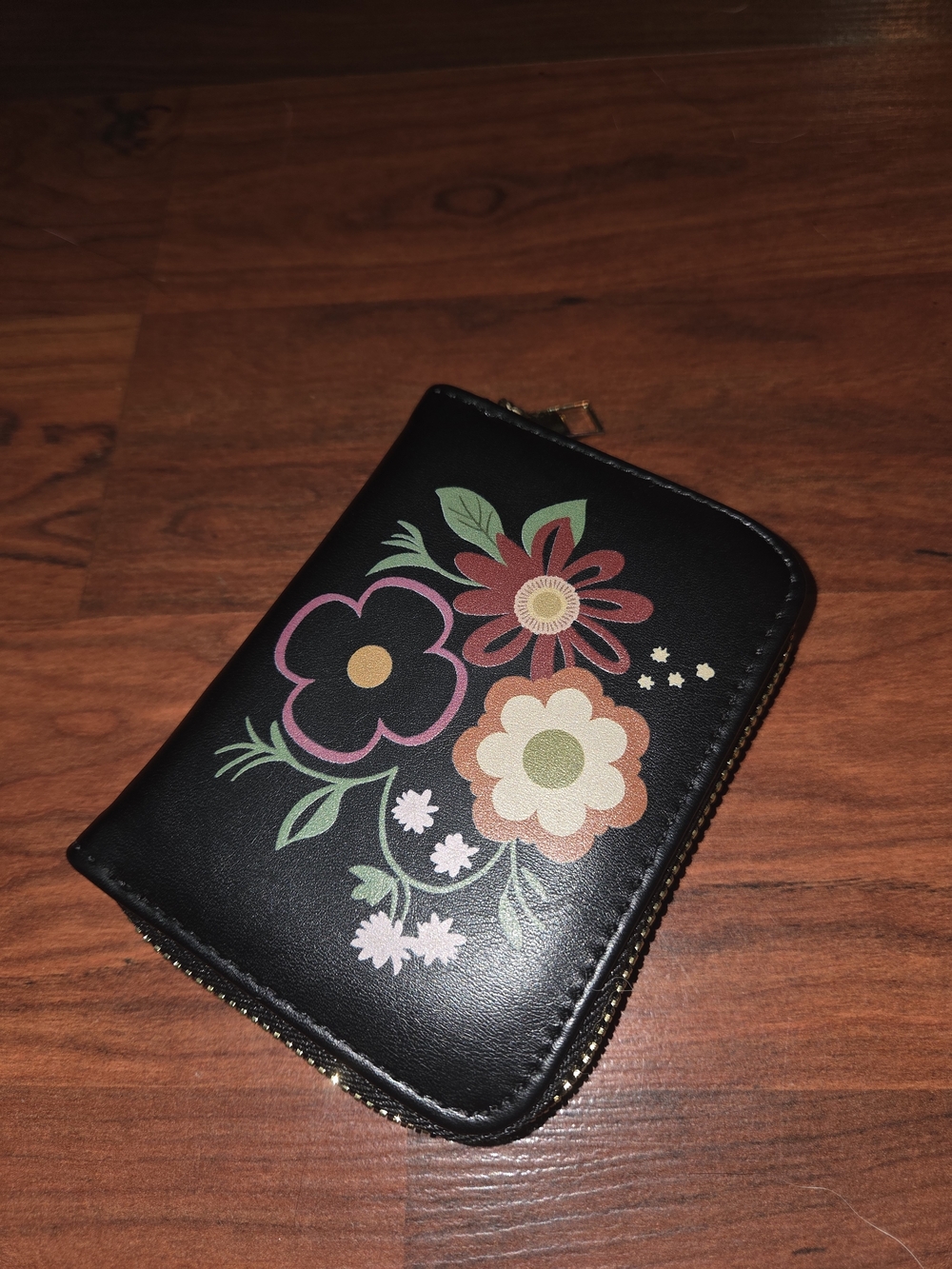 Black Floral Zip Wallet with Multicolor Flowers